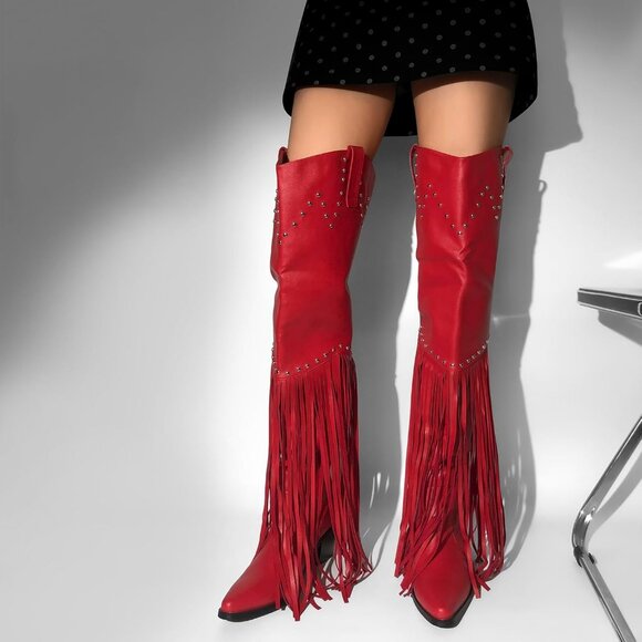 Fringe Thigh High Boots with Tassels Wide Calf Over Knee Western Cowboy Boots - Picture 2 of 6